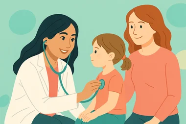 Pediatrician examining child with parent present in friendly clinic setting